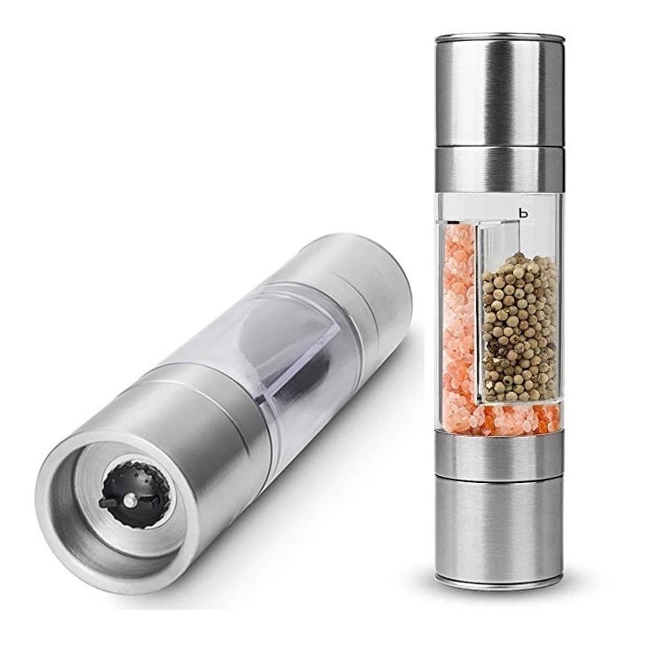 Salt and Pepper Grinder Set with Wood Tray, Manual Sea Salt, Spice and  Peppercorn Mill, Glass Container, Stainless Steel Cap, Adjustable  Coarseness